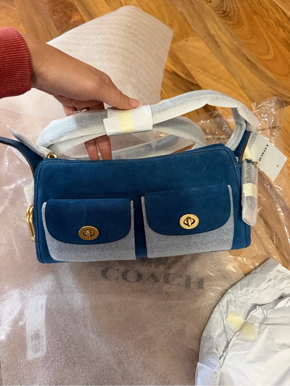 Coach Two-Tone Blue Suede Double Pocket Shoulder Bag